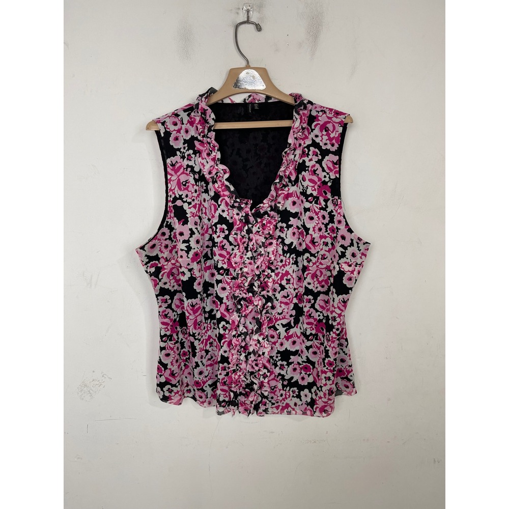 Madison‎ Pink Black Floral Mesh Ruffle V-Neck Sleeveless Blouse Top 3X